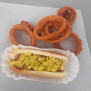 a hot dog with mustard and onion rings