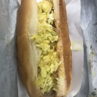 Chums hot dog with chili and slaw!