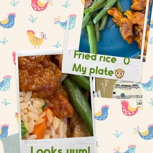 Fried rice, orange chicken,  Beef with Stringbeans