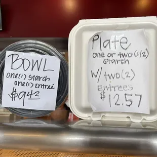 a bowl and a sign