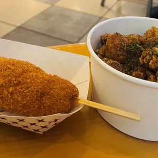 Original corn dog. Korean fried chicken, soy garlic flavor
