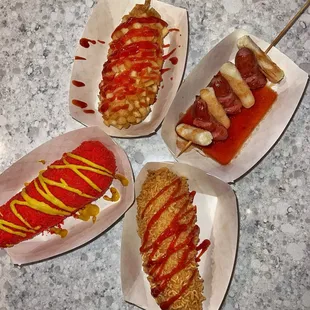 8. Hot Cheetos Hotdog, 6. Ramen Chips Hotdog, Sausage &amp; Rice Cake Skewer, 7. Potato Hotdog