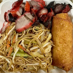 Number 11-bbq roast pork(char siu) and lo mein with an added egg roll