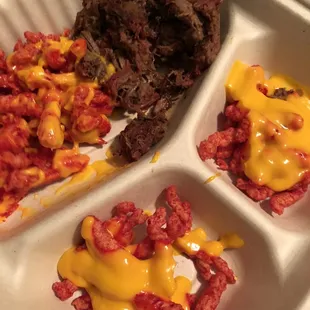 Hot Cheetos with Cheese and Chopped Brisket on the side