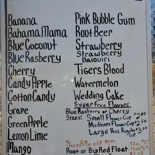 Shaved Ice menu