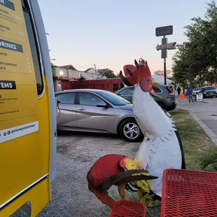 a chicken on a bench