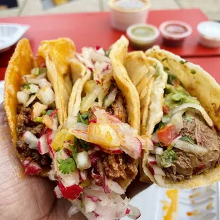 Three Tacos Chorizo, Lamb, Al Pastor