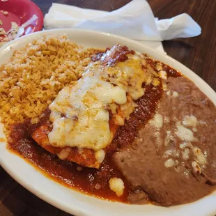 Beef burrito with rice and beans