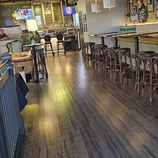 a bar with stools and tables