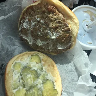 The "almost famous" What-A-Cheese Burger" - this one dressed with just Mayo &amp; Pickles.