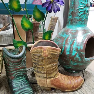 Chiminea outdoor fireplaces, unique planters, metal yard art all at Church Street Market