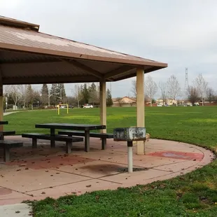 Sitting area with BBQ grill in front of kids play area