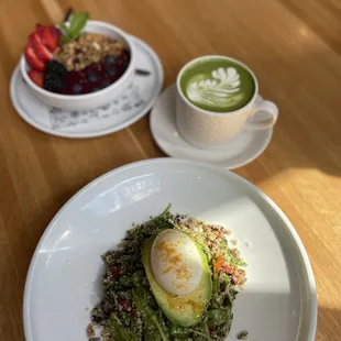 Fruit bowl, matcha and veggie bowl