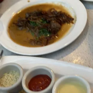 Steak bites smothered in onion and shrooms