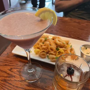 Sweet chili calamari with old fashion and blueberry lavender martini