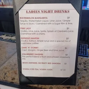 a menu for ladies's night drinks