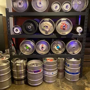 a rack of beer kegs