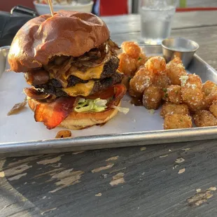 Dwayne The Rock Johnson burger with garlic tots