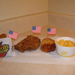 Jalapeno Cheese Bombers, Spicy Chicken Breast, Biscuit and Mac &amp; Cheese