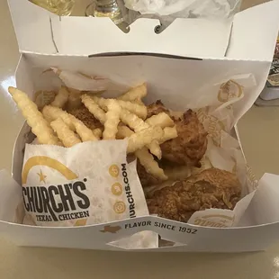 Supposed to be 3PC Chicken but received 2PC Chicken instead. Subbed out mashed potato&apos;s for French fries and a biscuit.