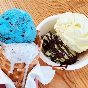 Cookie Monster &amp; black sesame in waffle cone Matcha oreo with fudge drizzle &amp; yuzu creamsicle