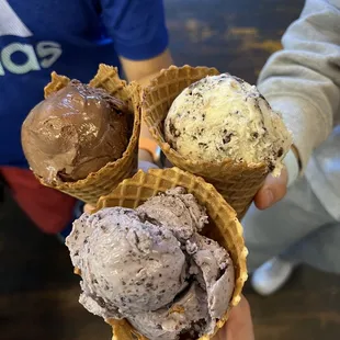 three cones of ice cream