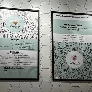 a menu for churn ice cream cakes