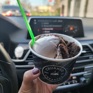 a hand holding a cup of ice cream