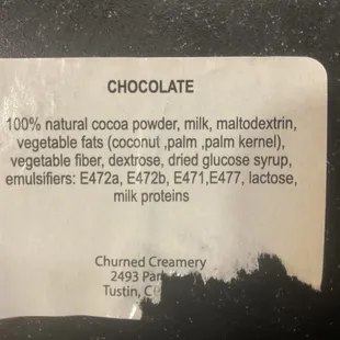 Ingredient list from chocolate ice cream