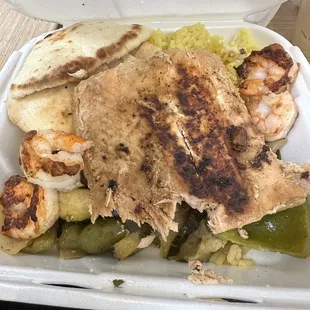Fish Salmon and shrimp kebab plate