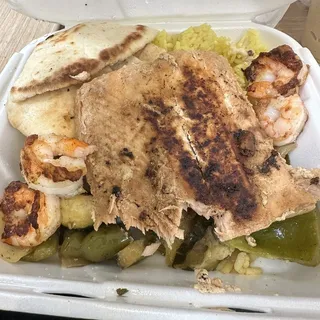 Salmon and shrimp kebab plate