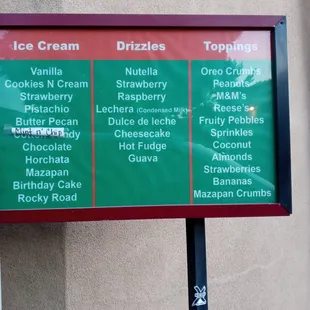 Ice cream menu