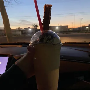 Churro shake with horchata ice cream, condensed milk drizzle, and an Oreo topping