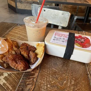 Yelp! Elite Experience at Churro Nest. Chicken and Bubble Waffle with Iced Horchata Latte and Yelp! Bento Box Swag!