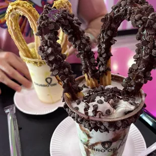 A mint avalanche and a decadent pistachio shake, no whipped cream