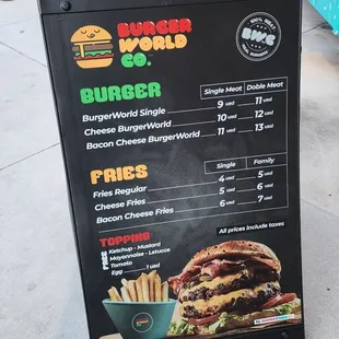 a menu for burgers and fries