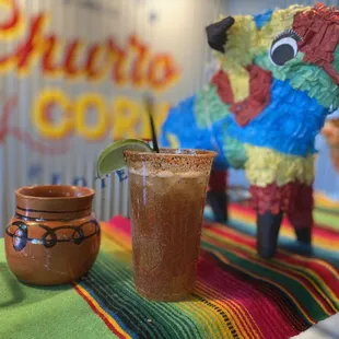 a pinata and a drink