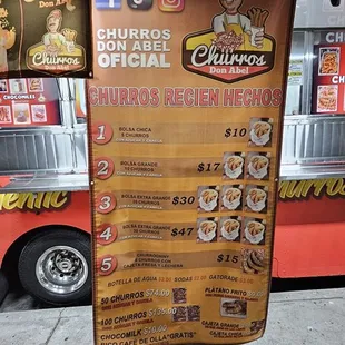Churro Menu as of 10/3/24- min order of $10 for churros
