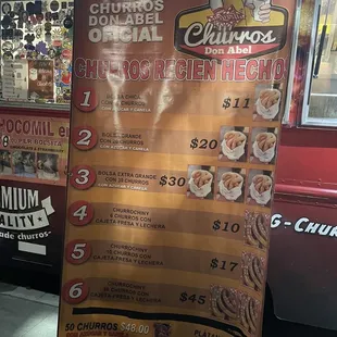 a menu for churros