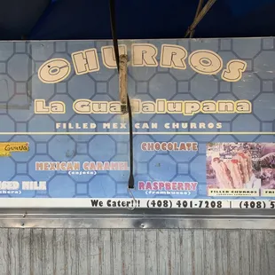 Rellenos (filling) menu for churros