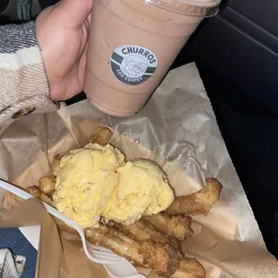 Abuelita Chocolate Frap. Churros with Nuez Ice Cream and Lechera drizzle.