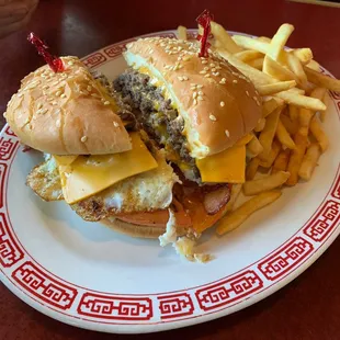 a cheeseburger and fries