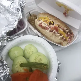 Hot Dog Traditional with items from the condiment salsa bar