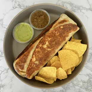 Crispy Flat Top Burrito w/ carnitas, pinto beans, jack cheese, guacamole, salsa, pico de gallo ($13.50)