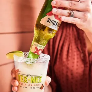 Can’t decide between a beer or a mar­gari­ta? Chuy's frozen lime 'rita topped with a 12oz Mexican beer is the best of both worlds.