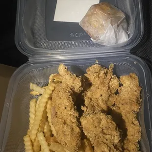 Chx tenders fries and honey biscuit