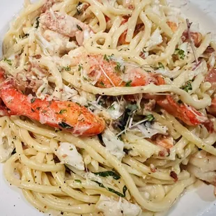 Pasta with lobster shrimp crab bacon