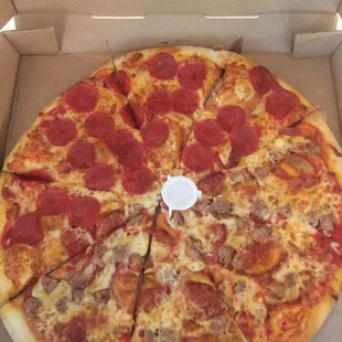 Large cheese, pepperoni, 1/2 sausage