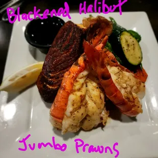 Blackened Halibut w/ Jumbo Prawns