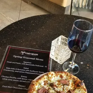 CIAO GRAZIE PIZZERIA WINE BAR in Scottsdale Spring Seasonal Menu Steak-Pesto-Mozzarella Flatbread Appetizer.